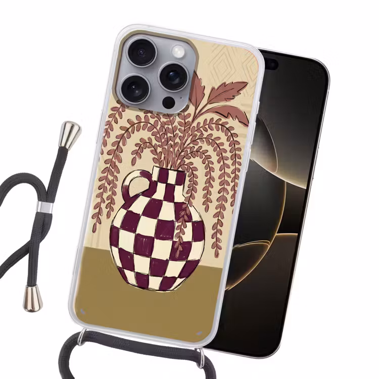Vaas - Geruit - Planten - Modern - Paars Hoesje iPhone 16 Pro Max met koord klein -sfeer1