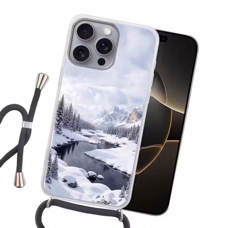 Sneeuwlandschap - Bergen - Rivier - Winter Hoesje iPhone 16 Pro Max met koord klein -sfeer1