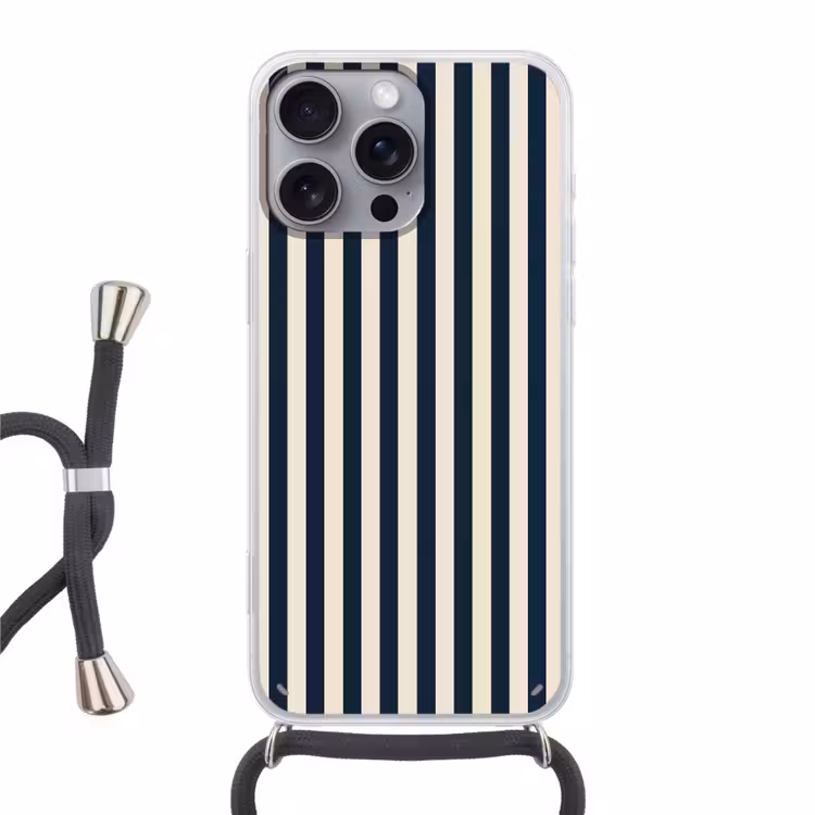 Verticale strepen - Blauw - Crème Hoesje iPhone 16 Pro Max met koord klein 804 -3d