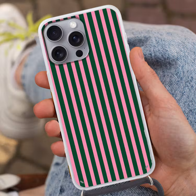 Verticale strepen - Groen - Roze Hoesje iPhone 16 Pro Max met koord klein 804 -sfeer3