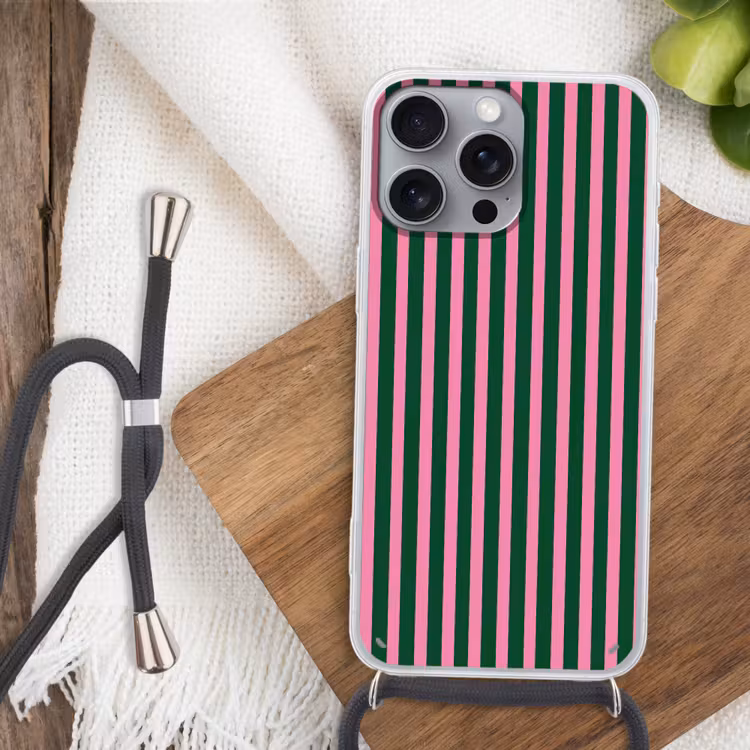 Verticale strepen - Groen - Roze Hoesje iPhone 16 Pro Max met koord klein 804 -sfeer4