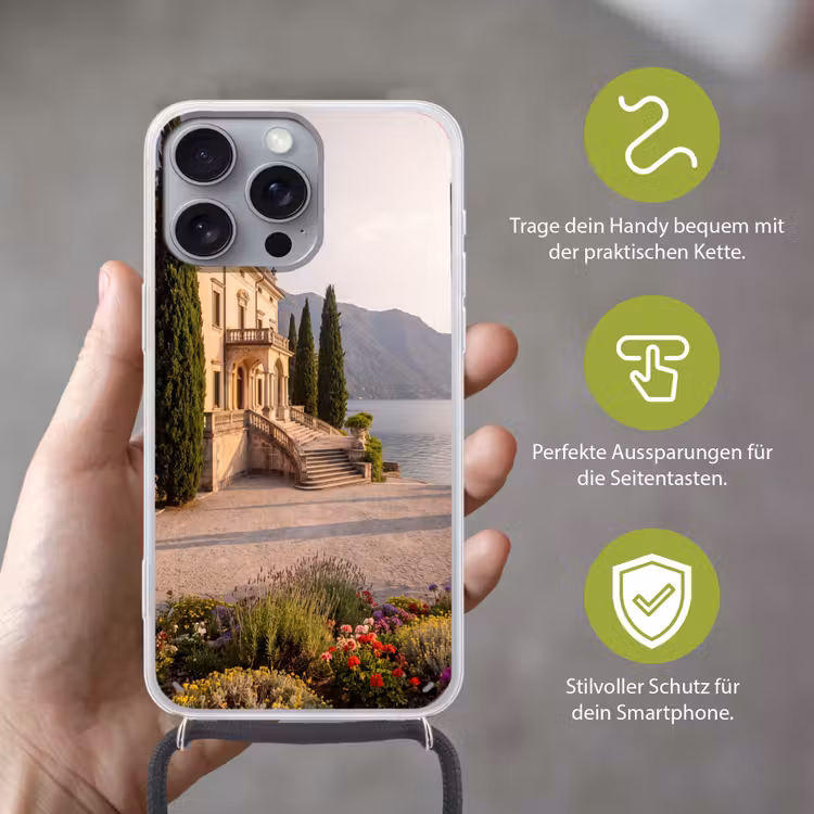 Handyhülle mit Band - Villa – Wasser – Treppen - Villa - water -trappen Hoesje iPhone 16 Pro Max met koord klein