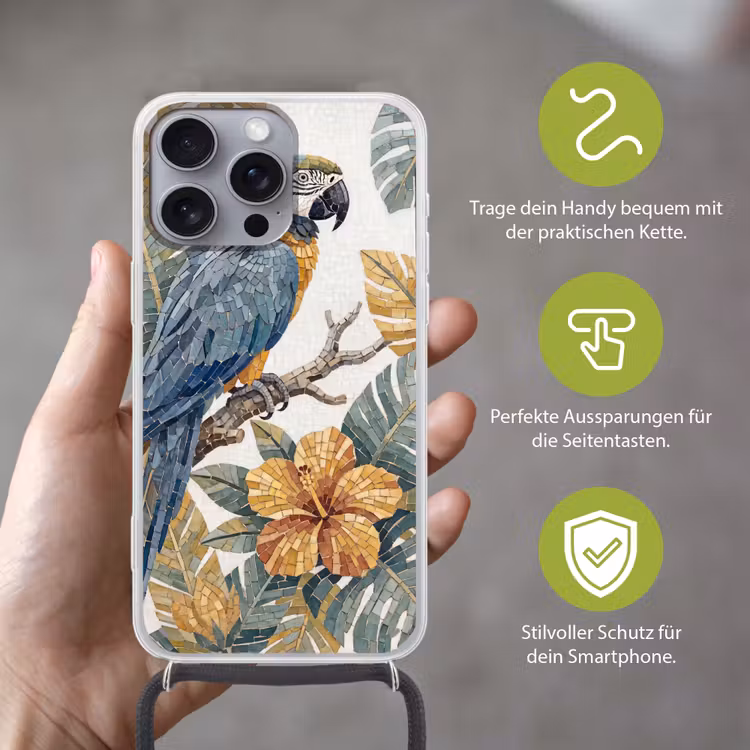 Vogel - Tak - Natuur - Mozaïek - Blauw Hoesje iPhone 16 Pro Max met koord klein -sfeer2_DE