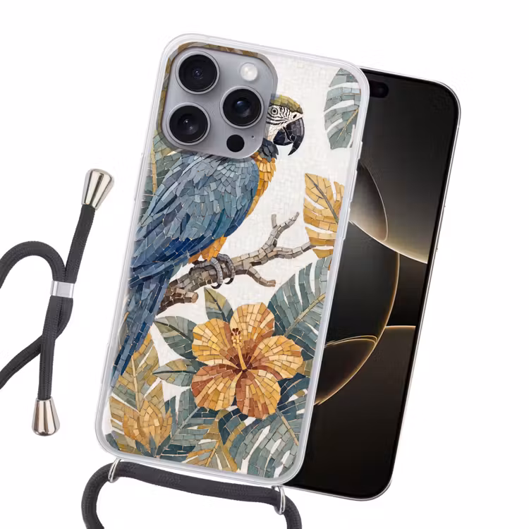 Vogel - Tak - Natuur - Mozaïek - Blauw Hoesje iPhone 16 Pro Max met koord klein -sfeer1