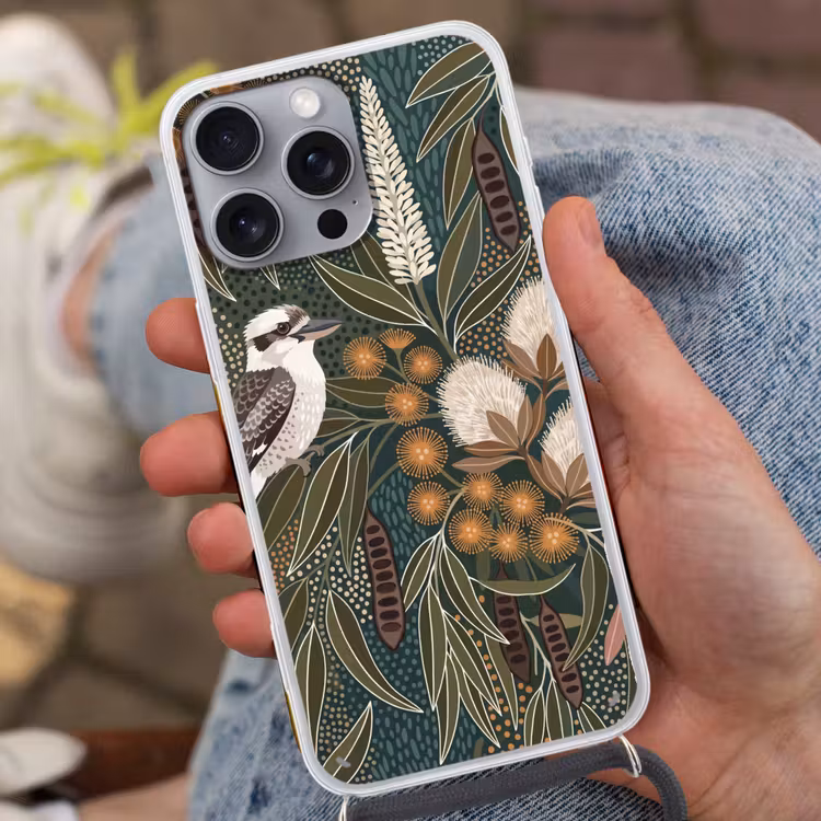 Vogel - Bladeren - Natuur - Illustratie - Groen Hoesje iPhone 16 Pro Max met koord klein -sfeer3