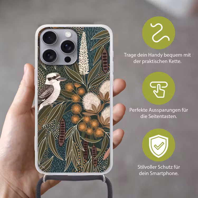 Vogel - Bladeren - Natuur - Illustratie - Groen Hoesje iPhone 16 Pro Max met koord klein -sfeer2_DE