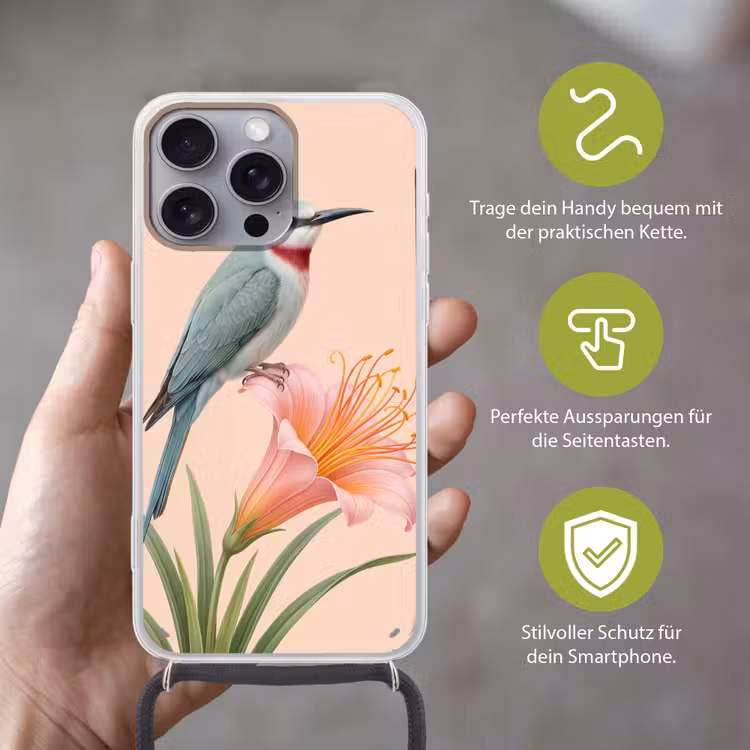 Vogel - Bloem - Natuur - Roze Hoesje iPhone 16 Pro Max met koord klein -sfeer2_DE