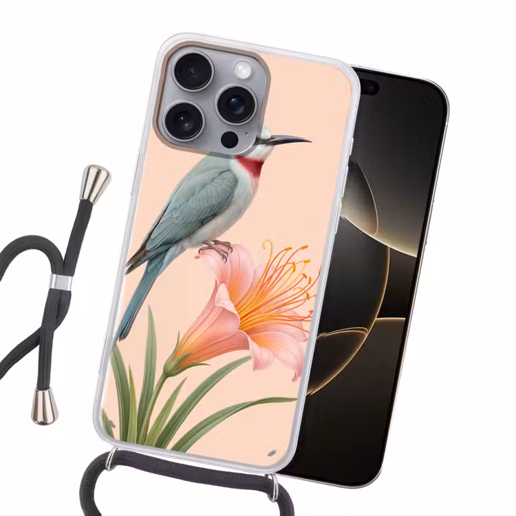 Vogel - Bloem - Natuur - Roze Hoesje iPhone 16 Pro Max met koord klein -sfeer1