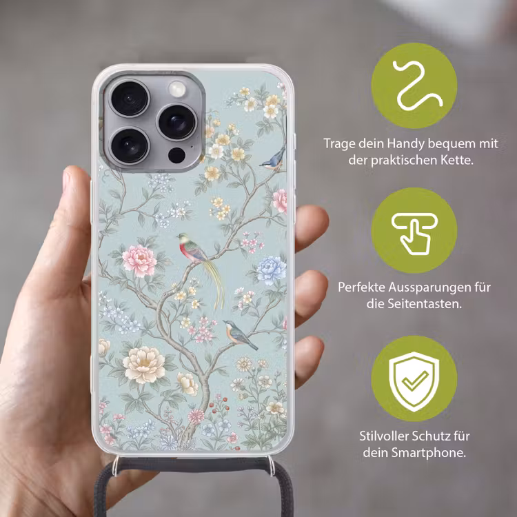 Vogel - Bloemen - Kleurrijk Hoesje iPhone 16 Pro Max met koord klein -sfeer2_DE