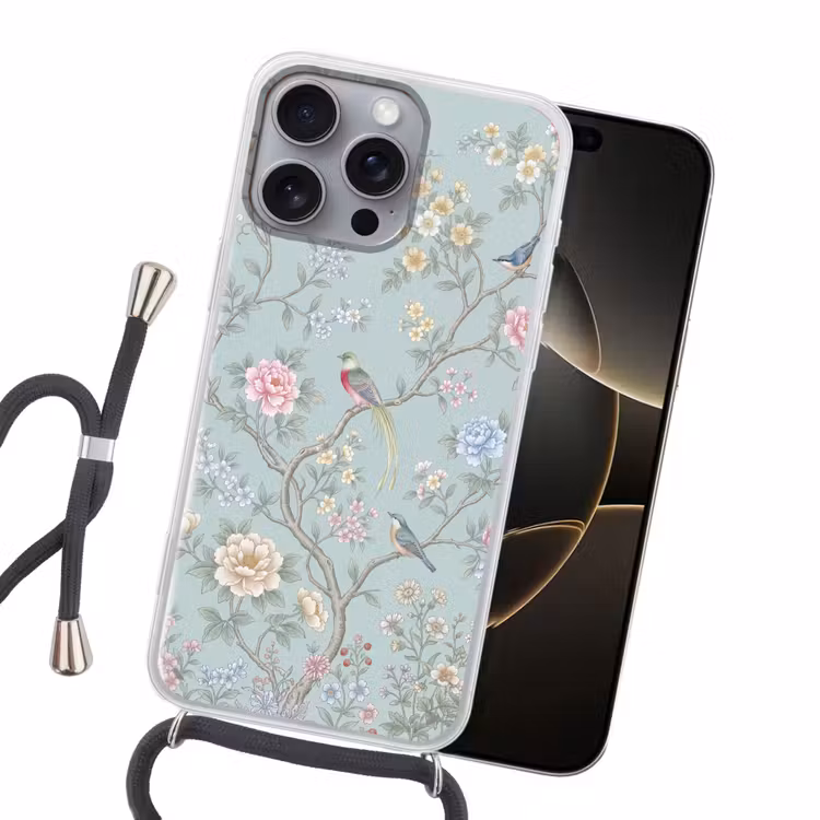 Vogel - Bloemen - Kleurrijk Hoesje iPhone 16 Pro Max met koord klein -sfeer1