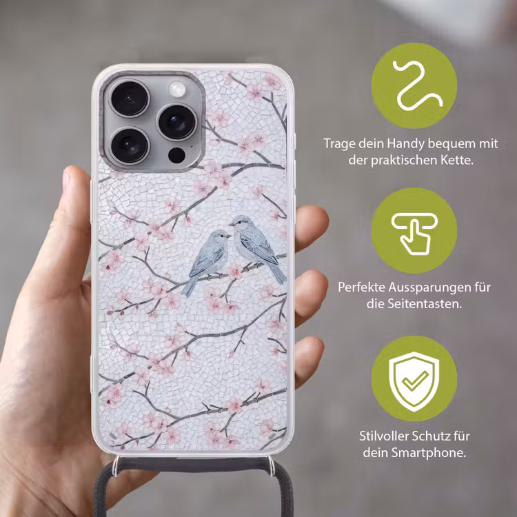 Vogel - Bloemen - Natuur - Mozaïek - Roze Hoesje iPhone 16 Pro Max met koord klein -sfeer2_DE