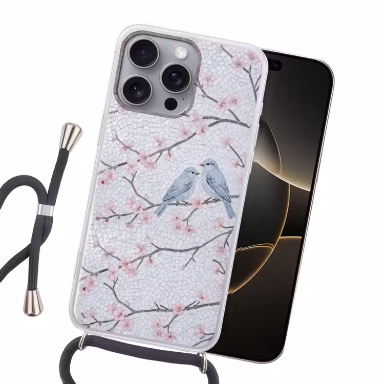 Vogel - Bloemen - Natuur - Mozaïek - Roze Hoesje iPhone 16 Pro Max met koord klein -sfeer1