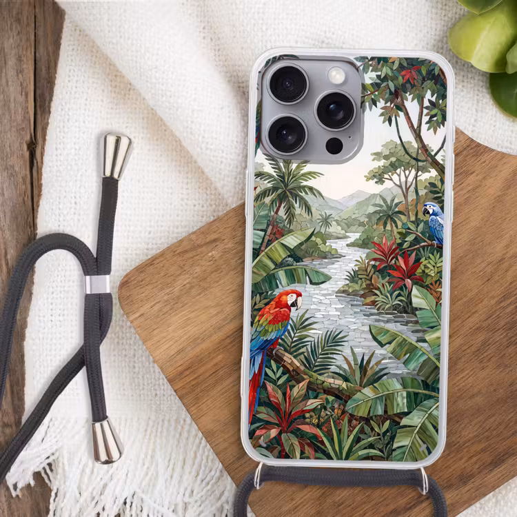 Vogel - Jungle - Natuur - Mozaïek - Groen Hoesje iPhone 16 Pro Max met koord klein -sfeer4
