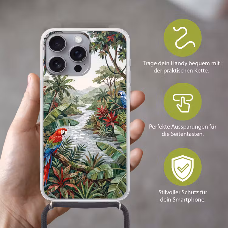 Vogel - Jungle - Natuur - Mozaïek - Groen Hoesje iPhone 16 Pro Max met koord klein -sfeer2_DE