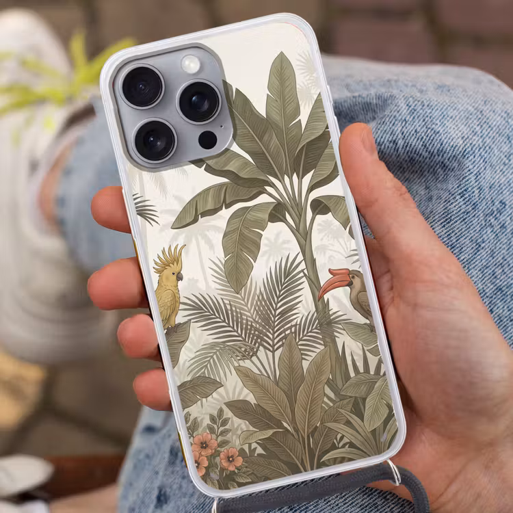 Vogel - Jungle - Tropisch - Illustratie - Groen Hoesje iPhone 16 Pro Max met koord klein -sfeer3