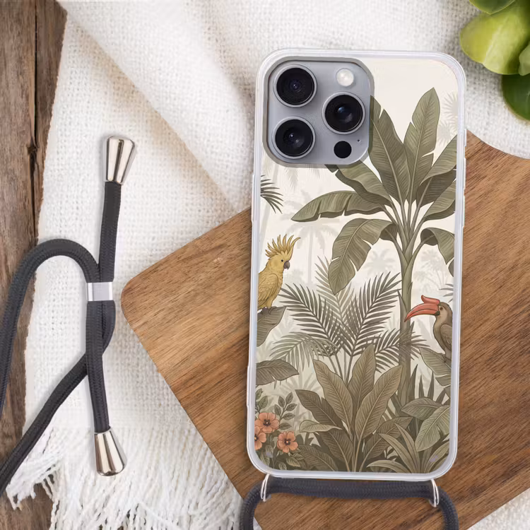 Vogel - Jungle - Tropisch - Illustratie - Groen Hoesje iPhone 16 Pro Max met koord klein -sfeer4
