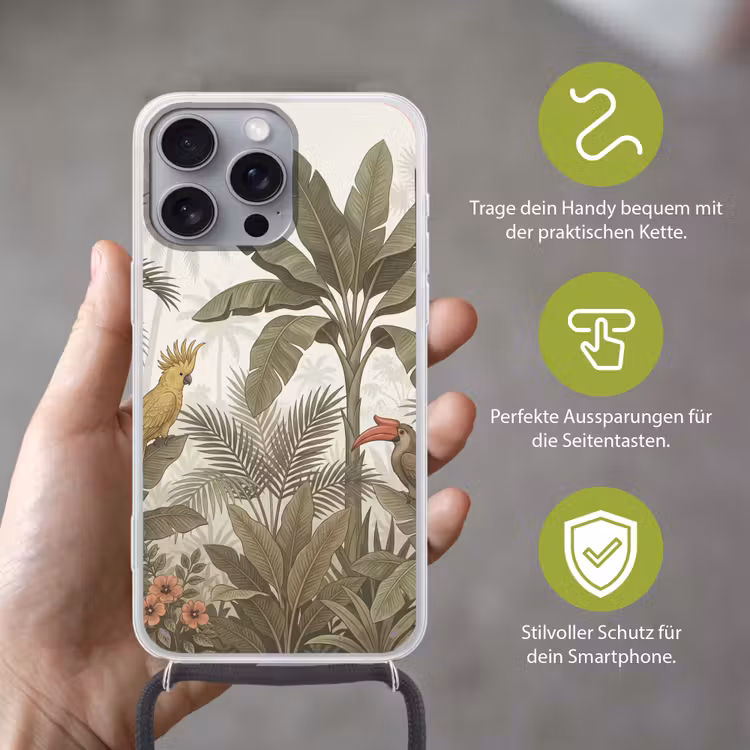Vogel - Jungle - Tropisch - Illustratie - Groen Hoesje iPhone 16 Pro Max met koord klein -sfeer2_DE
