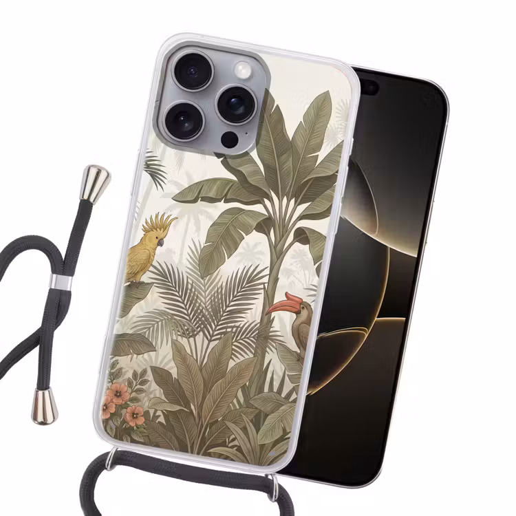Vogel - Jungle - Tropisch - Illustratie - Groen Hoesje iPhone 16 Pro Max met koord klein -sfeer1