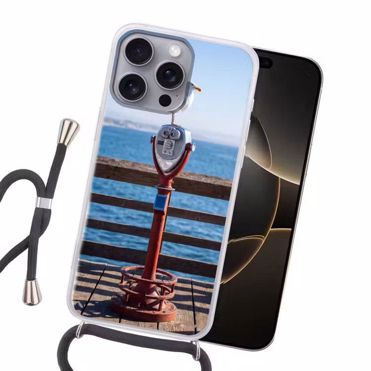 Vogel - Verrekijker - Kust - Zee - Blauw Hoesje iPhone 16 Pro Max met koord klein -sfeer1