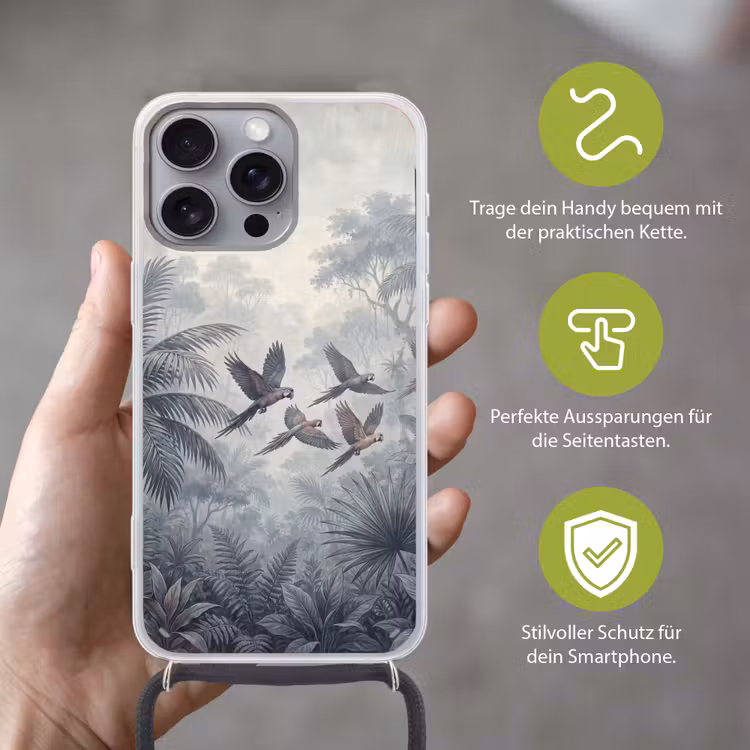 Vogel - Vliegend - Jungle - Vintage - Dieren Hoesje iPhone 16 Pro Max met koord klein -sfeer2_DE