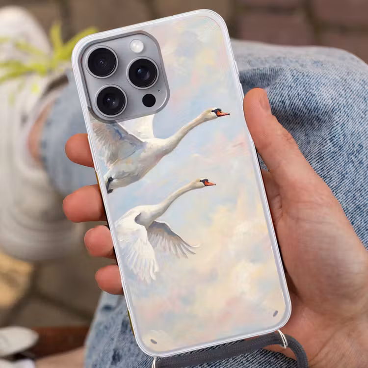 Vogel - Vliegend - Lucht - Modern - Pastel Hoesje iPhone 16 Pro Max met koord klein -sfeer3