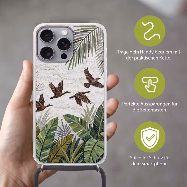 Vogel - Vliegend - Tropisch - Mozaïek - Groen Hoesje iPhone 16 Pro Max met koord klein -sfeer2_DE