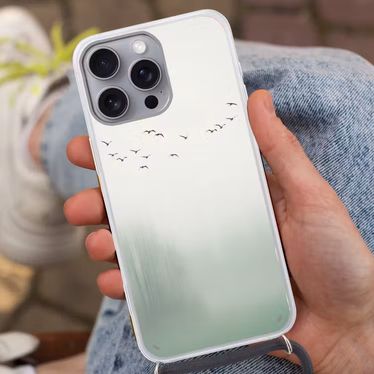 Vogel - Vlucht - Natuur - Minimalistisch Hoesje iPhone 16 Pro Max met koord klein -sfeer3