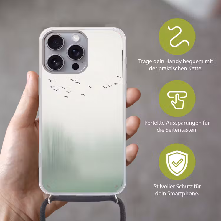Vogel - Vlucht - Natuur - Minimalistisch Hoesje iPhone 16 Pro Max met koord klein -sfeer2_DE