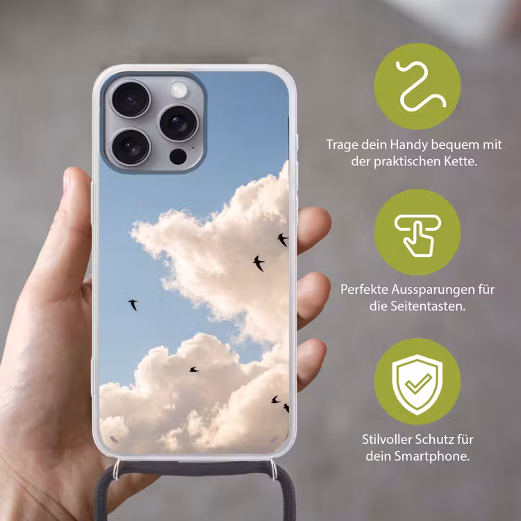 Vogel - Vlucht - Wolken - Natuur - Blauw Hoesje iPhone 16 Pro Max met koord klein -sfeer2_DE
