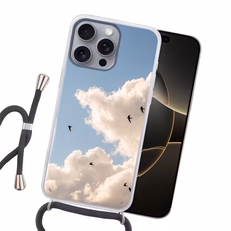 Vogel - Vlucht - Wolken - Natuur - Blauw Hoesje iPhone 16 Pro Max met koord klein -sfeer1