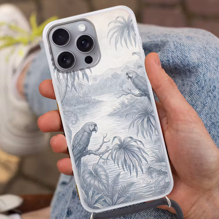 Vogel - Rivier - Tropisch - Illustratie - Blauw Hoesje iPhone 16 Pro Max met koord klein -sfeer3