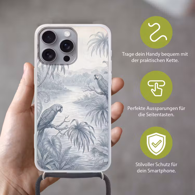 Vogel - Rivier - Tropisch - Illustratie - Blauw Hoesje iPhone 16 Pro Max met koord klein -sfeer2_DE