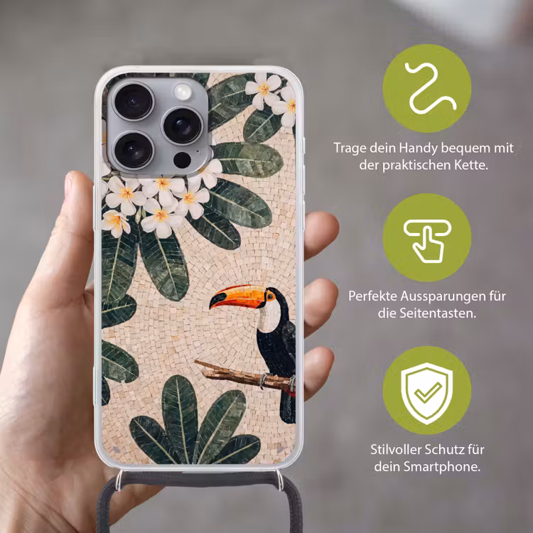 Vogel - Mozaïek - Tropisch - Natuur - Kleurrijk Hoesje iPhone 16 Pro Max met koord klein -sfeer2_DE