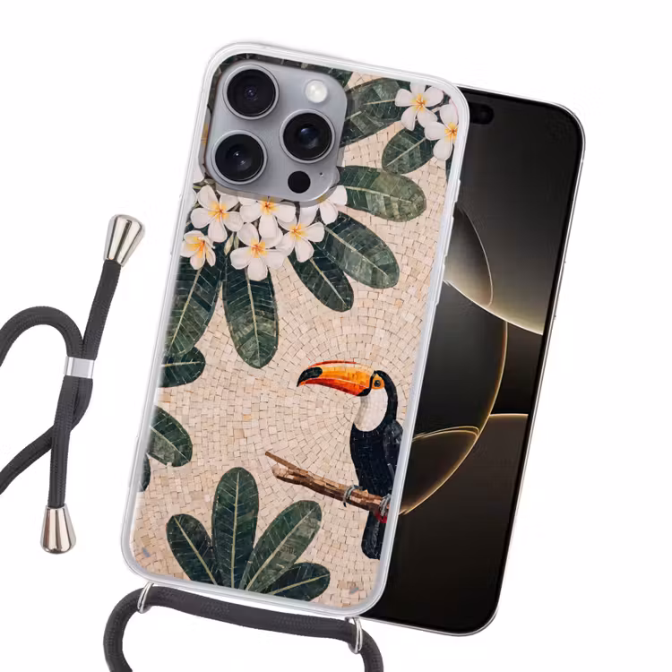 Vogel - Mozaïek - Tropisch - Natuur - Kleurrijk Hoesje iPhone 16 Pro Max met koord klein -sfeer1