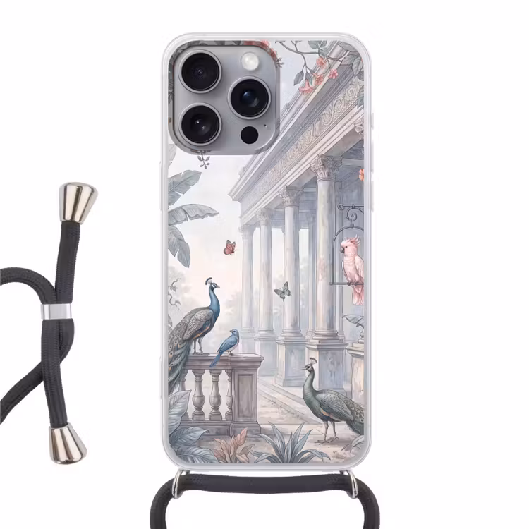 Vogel - Pauw - Architectuur - Klassiek - Groen Hoesje iPhone 16 Pro Max met koord klein -3d