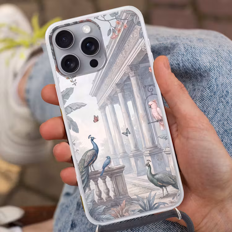 Vogel - Pauw - Architectuur - Klassiek - Groen Hoesje iPhone 16 Pro Max met koord klein -sfeer3