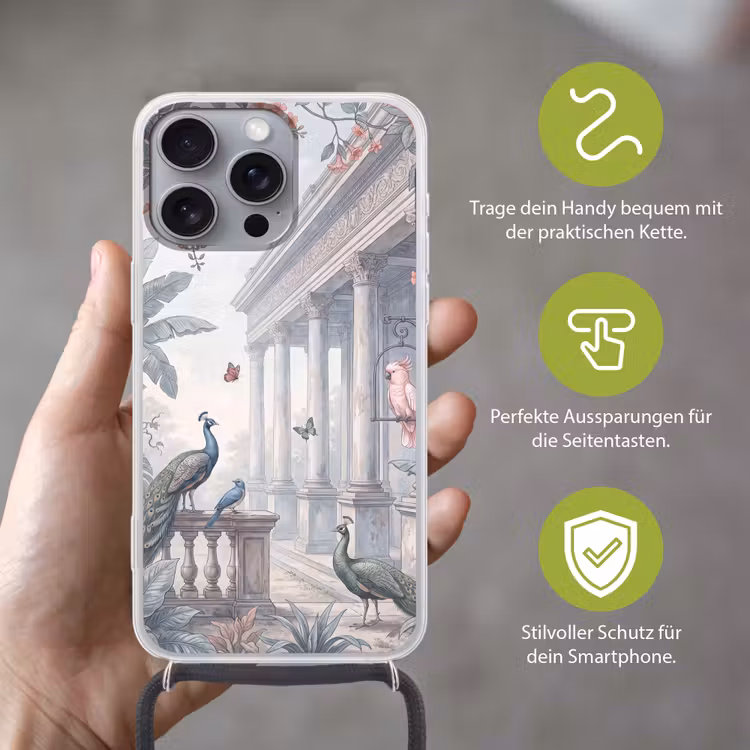 Vogel - Pauw - Architectuur - Klassiek - Groen Hoesje iPhone 16 Pro Max met koord klein -sfeer2_DE