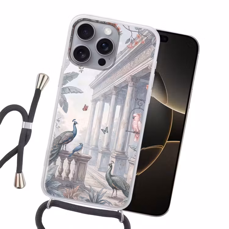 Vogel - Pauw - Architectuur - Klassiek - Groen Hoesje iPhone 16 Pro Max met koord klein -sfeer1