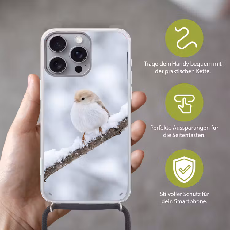 Vogeltje - Sneeuw - Tak - Winter - Zacht Hoesje iPhone 16 Pro Max met koord klein -sfeer2_DE