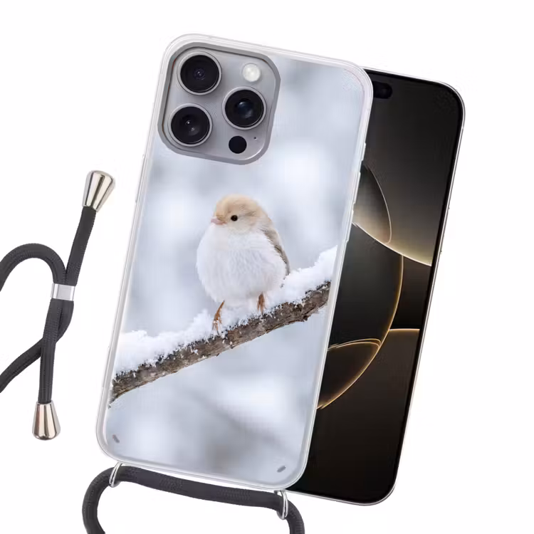 Vogeltje - Sneeuw - Tak - Winter - Zacht Hoesje iPhone 16 Pro Max met koord klein -sfeer1