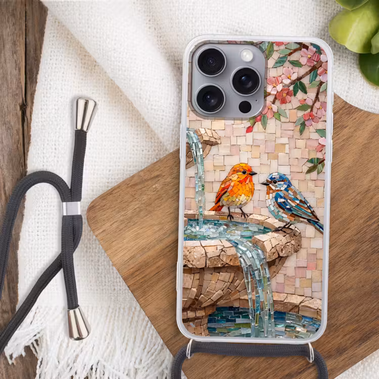 Vogel - fontein - mozaiek - kleurrijk - dieren Hoesje iPhone 16 Pro Max met koord klein -sfeer4