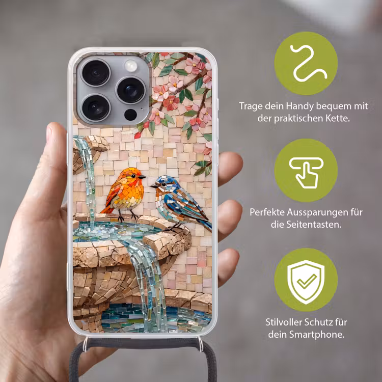 Vogel - fontein - mozaiek - kleurrijk - dieren Hoesje iPhone 16 Pro Max met koord klein -sfeer2_DE