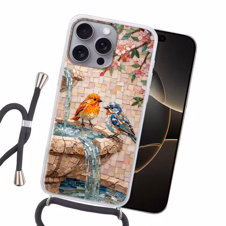 Vogel - fontein - mozaiek - kleurrijk - dieren Hoesje iPhone 16 Pro Max met koord klein -sfeer1