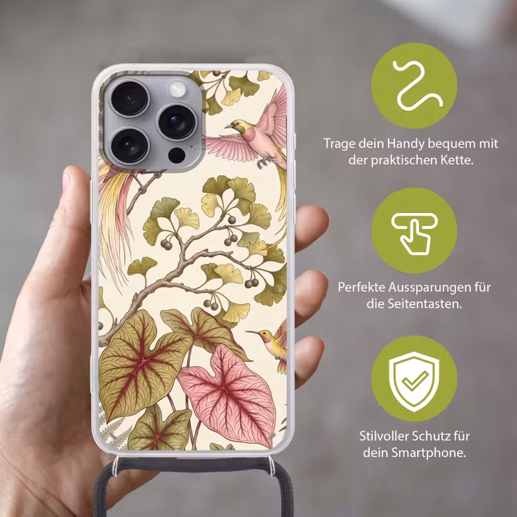 Vogels - Tropisch - Botanisch - Roze Hoesje iPhone 16 Pro Max met koord klein -sfeer2_DE