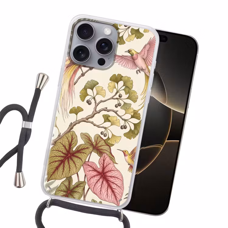 Vogels - Tropisch - Botanisch - Roze Hoesje iPhone 16 Pro Max met koord klein -sfeer1