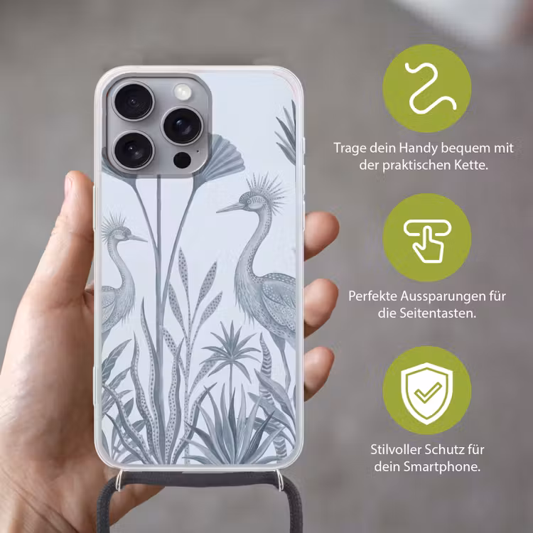 Vogel - Tropisch - Illustratie - Blauwgrijs - Natuur Hoesje iPhone 16 Pro Max met koord klein -sfeer2_DE