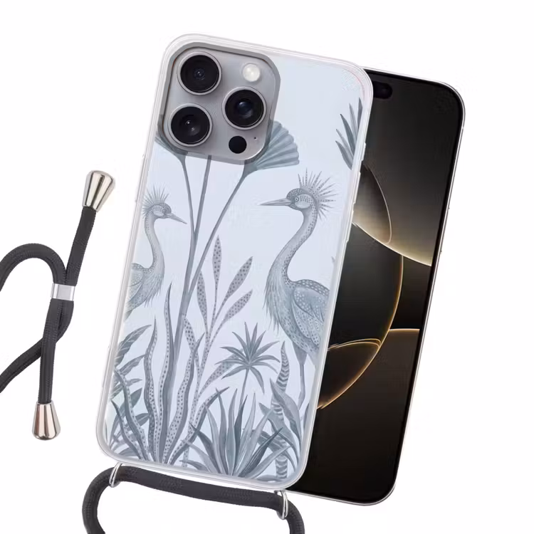 Vogel - Tropisch - Illustratie - Blauwgrijs - Natuur Hoesje iPhone 16 Pro Max met koord klein -sfeer1