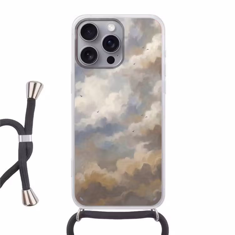 Vogel - Wolken - Natuur - Modern - Grijs Hoesje iPhone 16 Pro Max met koord klein -3d