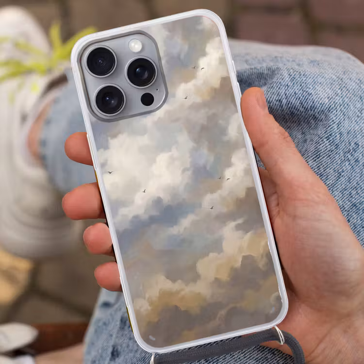 Vogel - Wolken - Natuur - Modern - Grijs Hoesje iPhone 16 Pro Max met koord klein -sfeer3