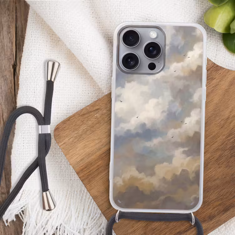 Vogel - Wolken - Natuur - Modern - Grijs Hoesje iPhone 16 Pro Max met koord klein -sfeer4